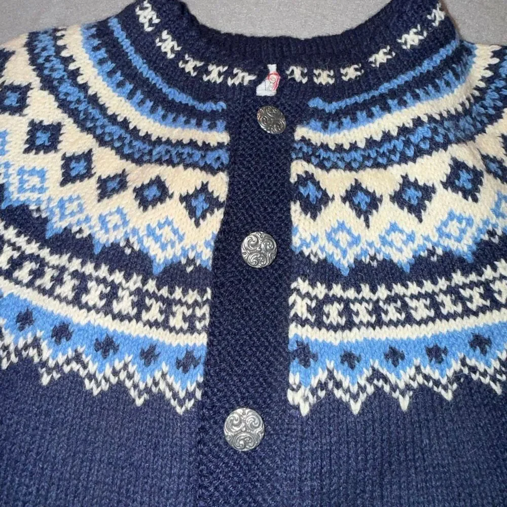 Vintage Norwegian Hand Knit Wool Cardigan Fair Isle Nordic Blue Button Front Wom - Picture 5 of 11